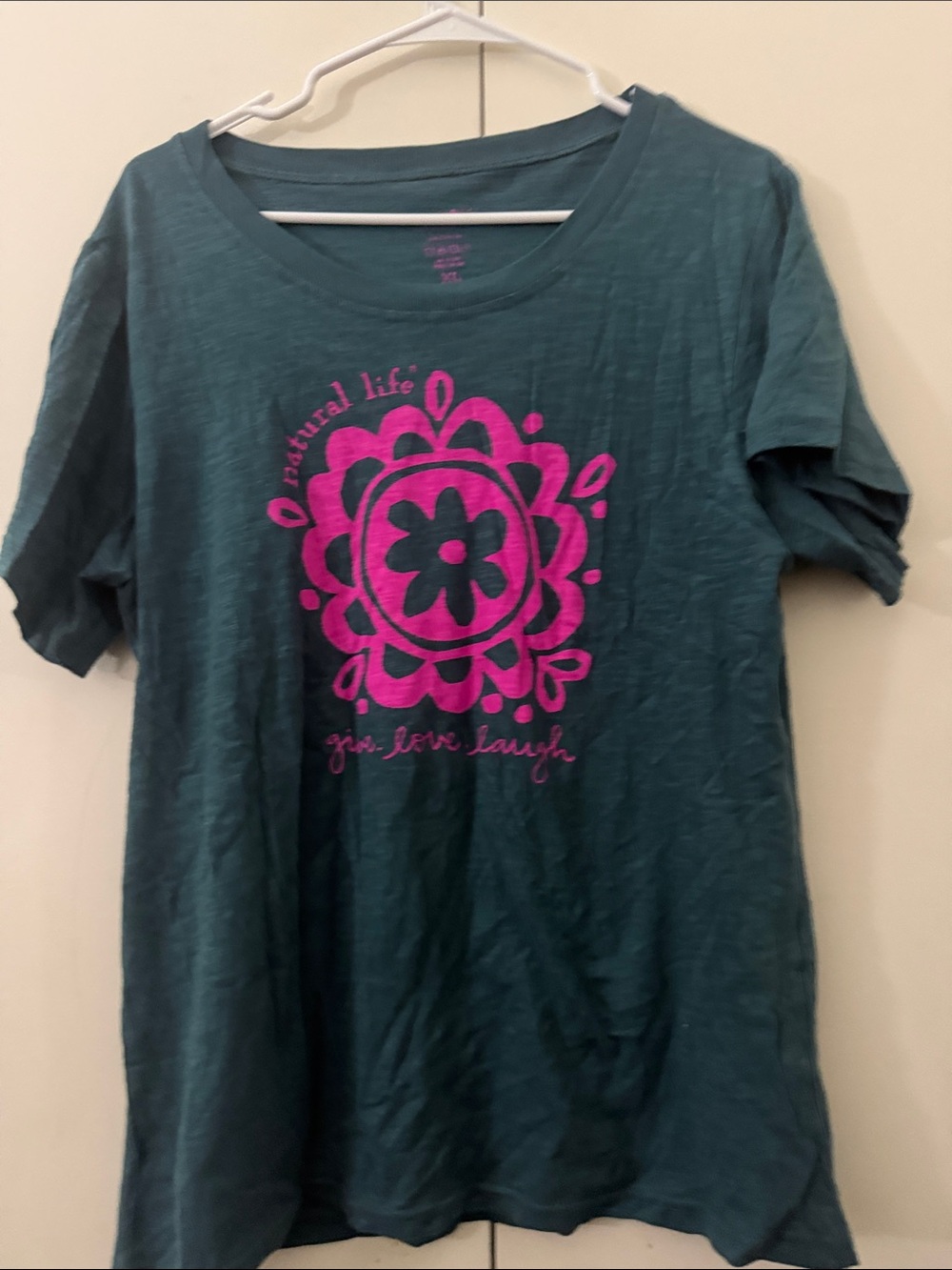 NATURAL LIFE Teal Short-Sleeve Tee with Hot Pink Floral Print